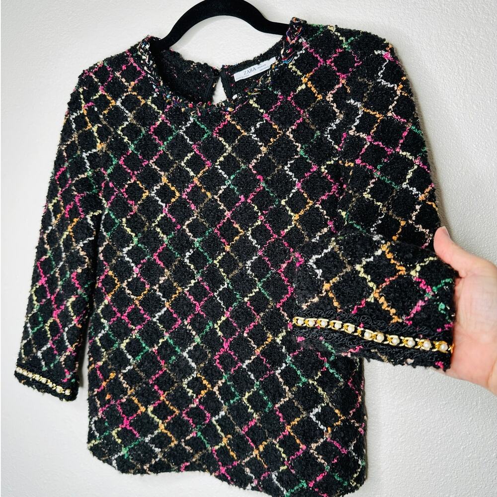 Zara Black Multicolor Boucle Knit Sweater with Pearl Detail on Sleeves Top S - Picture 5 of 14
